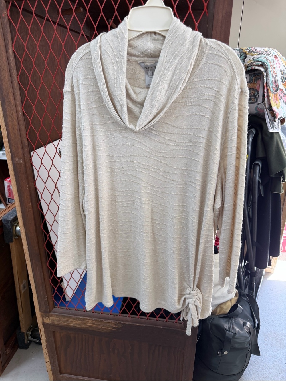 Multiples Cream Draped Cowl Neck Sweater with Side Tie Accent